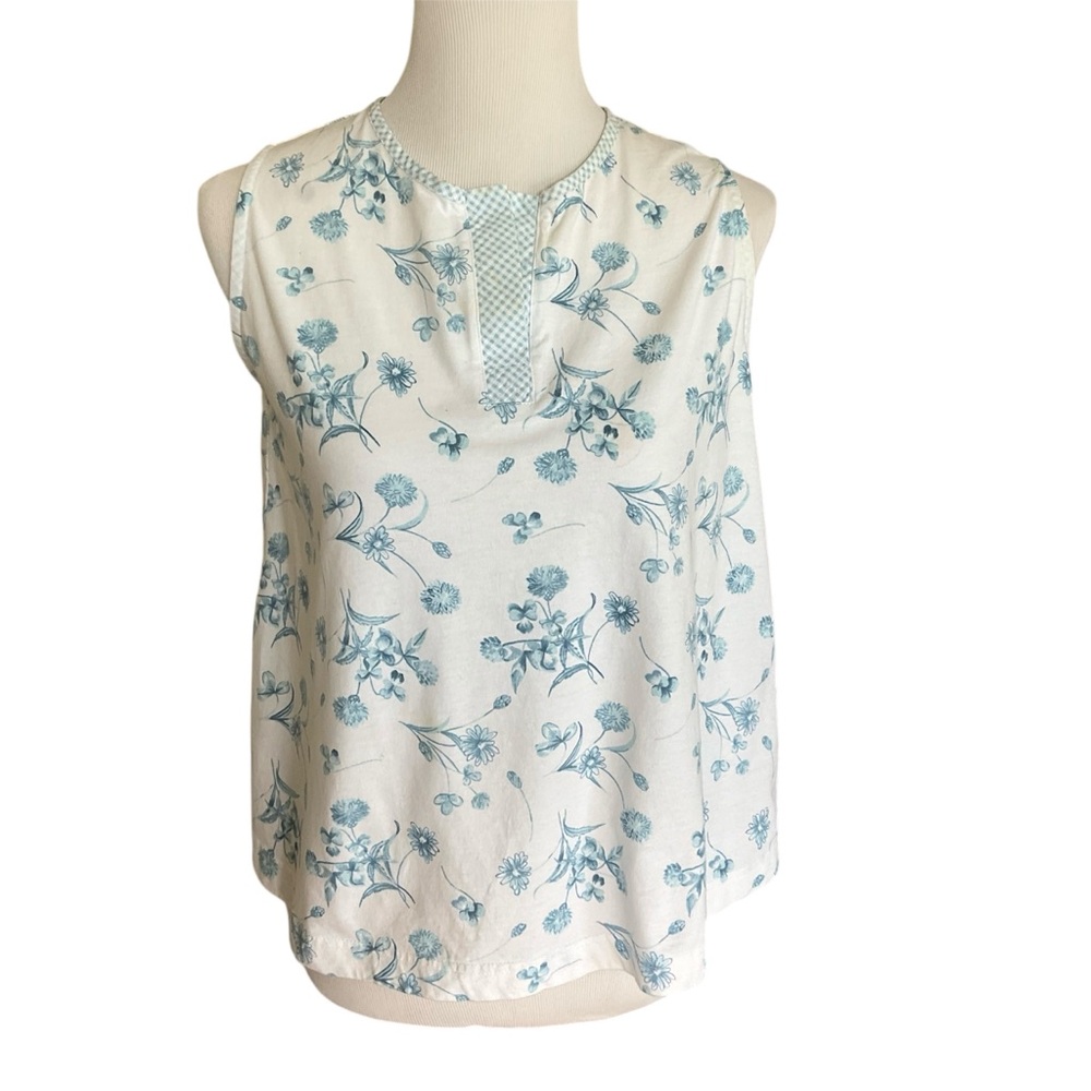 Crabtree & Evelyn Floral Sleeveless Pajama Top White and Blue 100% Cotton S